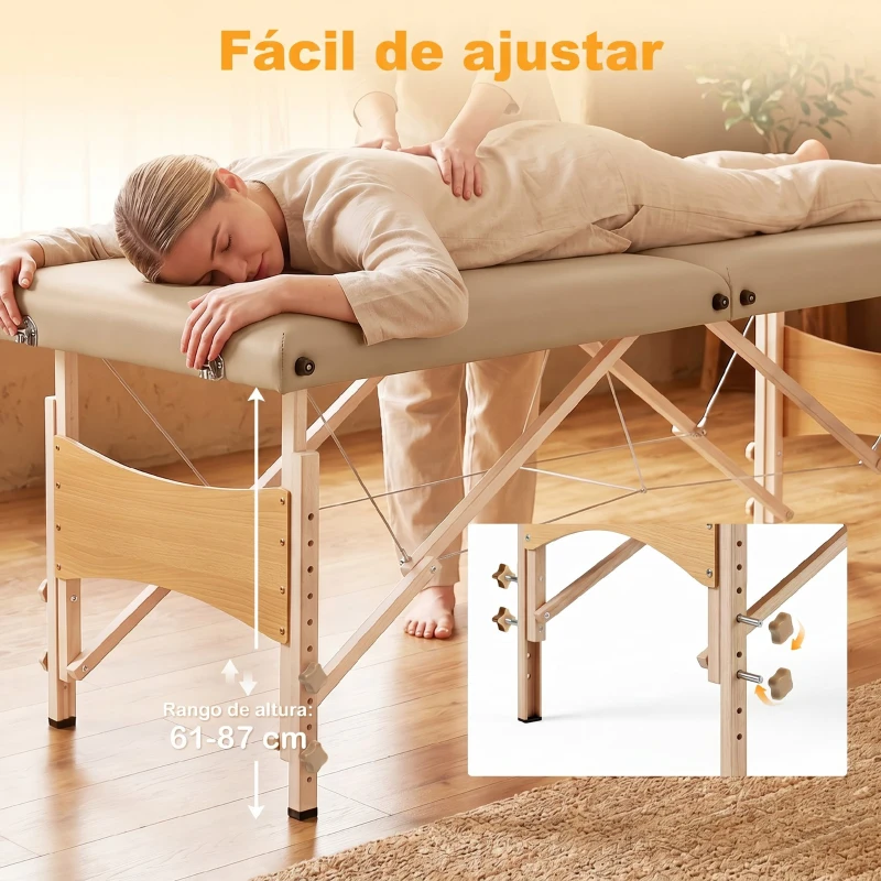 HOMCOM Camilla de Masaje Plegable con Marco de Madera con Altura Regulable y Bolsa de Transporte 186x60x61-87 cm Marrón