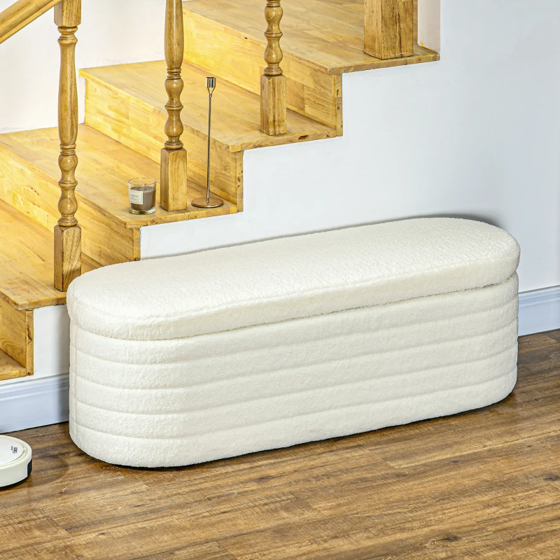 HOMCOM Panca Fondo Letto in Tessuto Teddy con Vano Contenitore per Ingresso e Camera, 116x41x40.5cm, Crema