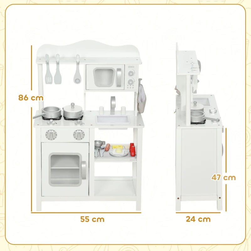 AIYAPLAY Cozinha de Brincar em Madeira com Som Acessórios Lava-Loiças Micro-Ondas e Fogão 55x24x86 cm Branco