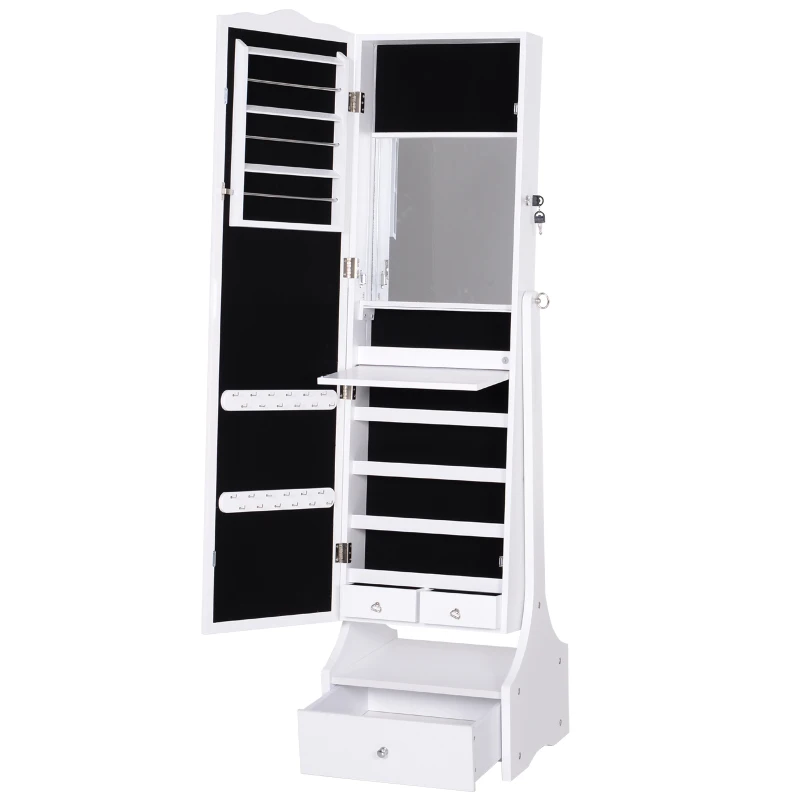 HOMCOM Espejo Joyero con Luces LED, Armario para Joyas, Armario Joyero con Espejo Entero de Ángulo Ajustable, Cajones, Mesa Interior Plegable, Cerradura, Luces Apagado Automático, Blanco y Forro Negro