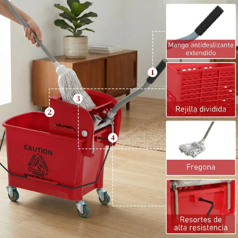 HOMCOM Cubo de Fregar con Escurridor Panel Separador y Ruedas Capacidad 20L para Limpieza Doméstica 45x26,5x70 cm Rojo