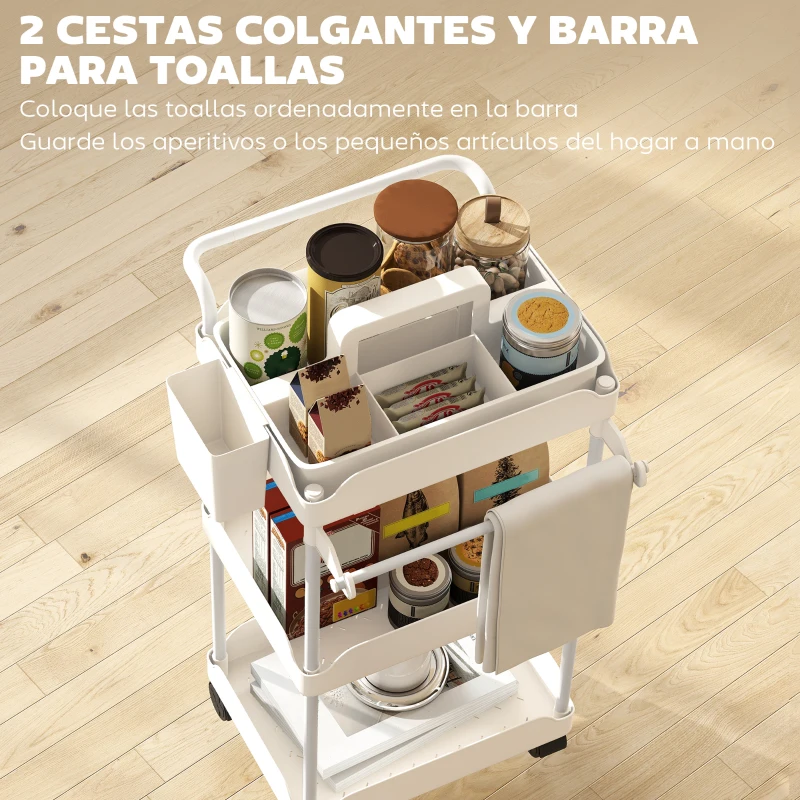 HOMCOM Carrito Auxiliar con Ruedas de 3 Niveles Carrito de Cocina con Cestas Extraíbles y Soporte para Toallas Blanco