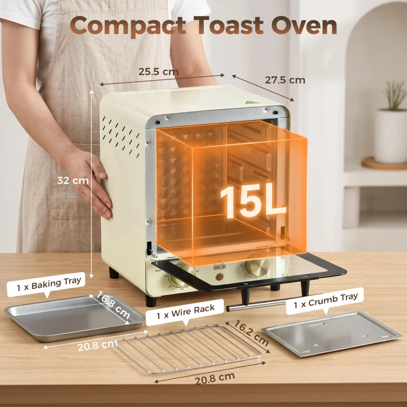 HOMCOM Mini Oven, 15 Litres Electric Oven and Grill with 60-230℃ Adjustable Temperature, 60 Minute Timer, Include Baking Tray, Wire Rack and Crumb Tray, 1000W, Cream White