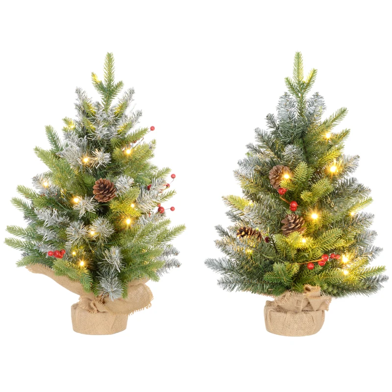 HOMCOM Set of Two 2ft Christmas Trees, with Lights, Berries and Pinecones