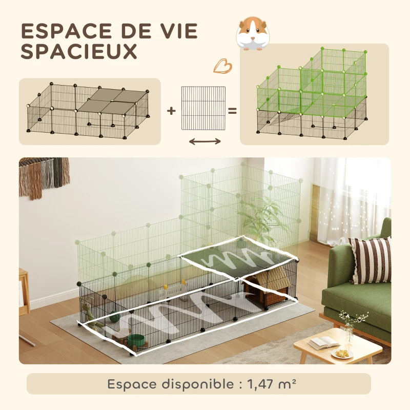 PawHut Enclos pour petits animaux, cage à lapin modulable 2 niveaux, 39 panneaux avec rampe, en acier, 140 x 70 x 105 cm, noir
