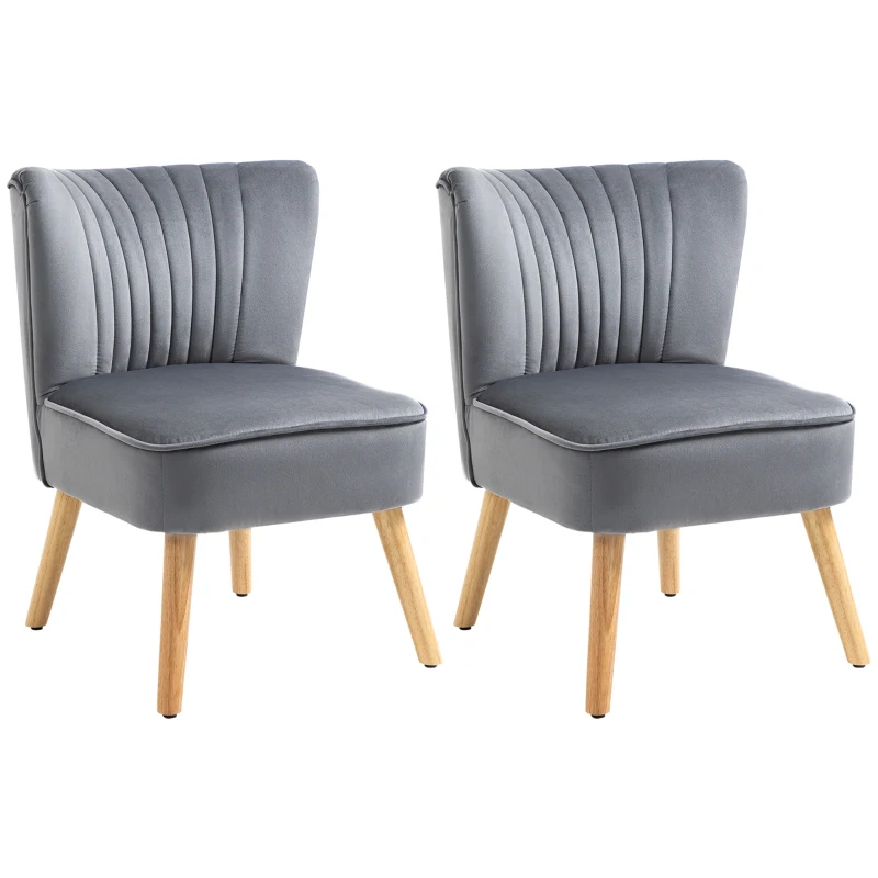 HOMCOM Velvet Accent Chair Occasional Tub Seat Padding Curved Back with Wood Frame Legs Home Furniture for Bedroom Living Room Set of 2 Grey