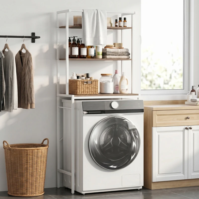 HOMCOM Étagère de Machine à Laver 3 Niveaux, Meuble pour Lave-Linge et Sèche-Linge avec Barre de Suspension, Marron et Blanc