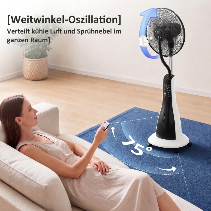 HOMCOM Ventilator mit Sprühnebel-Funktion, 75 Grad drehbar, 3 Geschwindigkeiten, 3 Modi, 3-Liter-Wassertank, Schwarz+Weiß