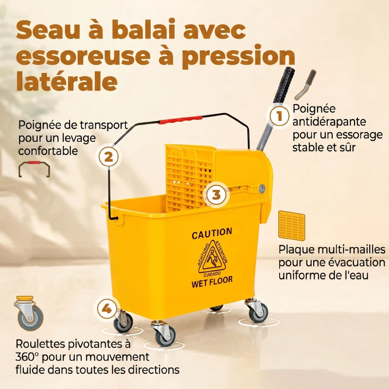 HOMCOM Chariot de nettoyage lavage seau de ménage 20 L avec essoreur et séparateur eau sale propre jaune 60L x 27l x 70,5H cm