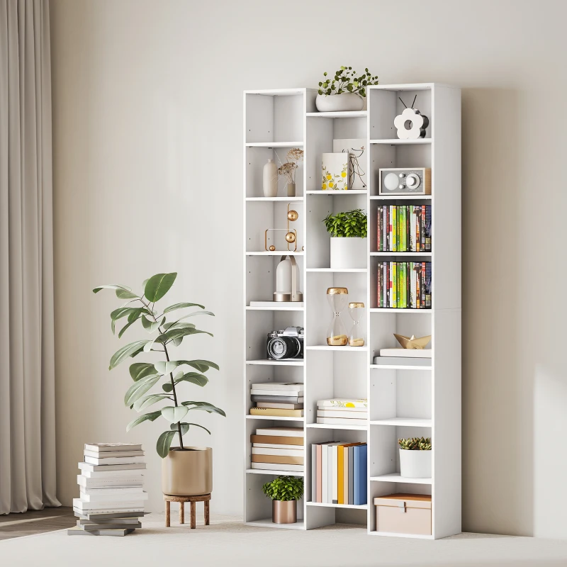 HOMCOM Bibliothèque, étagère à livres, étagère de rangement, 21 compartiments et 10 étagères réglables, 89,5x23,5x181cm, blanc
