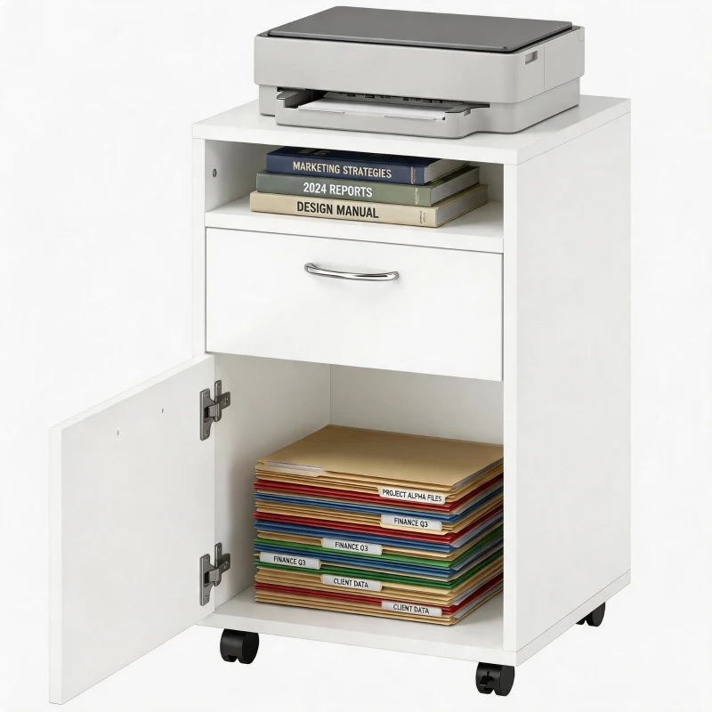 HOMCOM Schedario da Ufficio con Cassetto, Armadietto, Ruote a Freno e Ripiano Aperto, Cassettiera Ufficio per Lettera/Legale/Formato A4, Armadio Verticale per Studio, 40x35x60 cm, Bianco