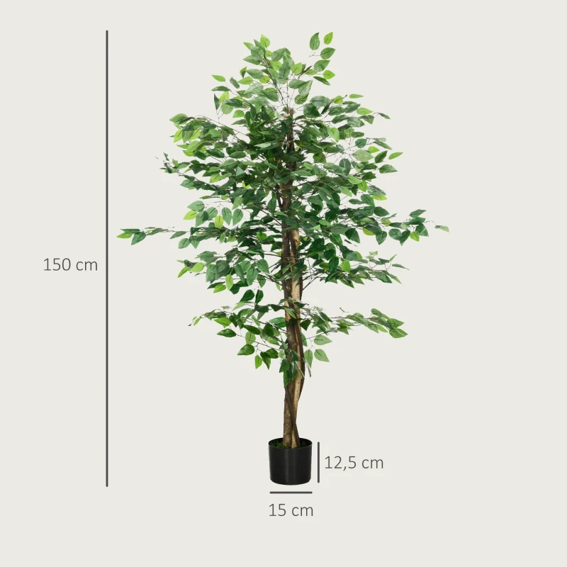 HOMCOM Ficusbaum Kunstpflanze, naturgetreu, 150 cm hoch, mit Topf, Grün(m-3)