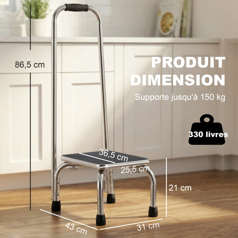 HOMCOM Marche avec Barre d'appui - marchepied de sécurité - Plateforme & Patins antidérapants - Acier galvanisé, gris et noir