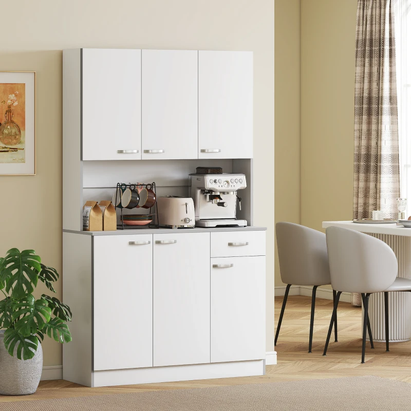 HOMCOM Küchenschrank, Buffet mit Aufsatz, Schubladen, Arbeitsplatte, 101x39x180cm, Weiß/Grau