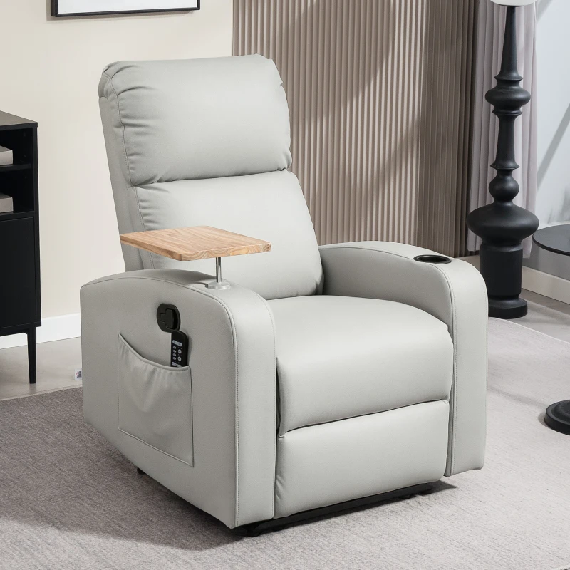 HOMCOM Poltrona de Massagem Poltrona Relax Elétrica com 4 Modos de Vibração Reclinação 145° Mesa 2 Bolsos Laterais 77x93x105 cm Cinza