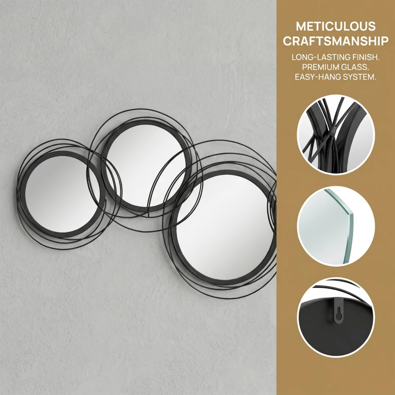 HOMCOM Metal Wall Art 56cm Modern Decorative Mirror Decor for Living Room Bedroom Dining Room, Black