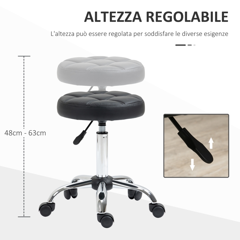 HOMCOM Sgabello Girevole Rotondo con Ruote, Altezza Regolabile e Rivestimento in Finta Pelle, Nero