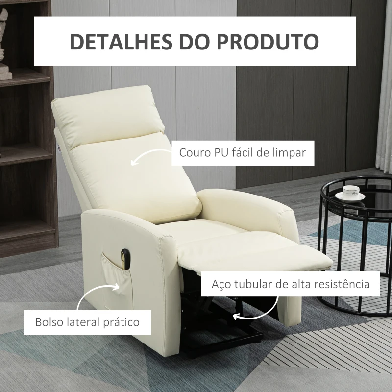 HOMCOM Poltrona Relax Levanta Pessoas Poltrona Elétrica Reclinável a 145° com Controlo Remoto Apoio para Pés 67x95x105 cm Creme