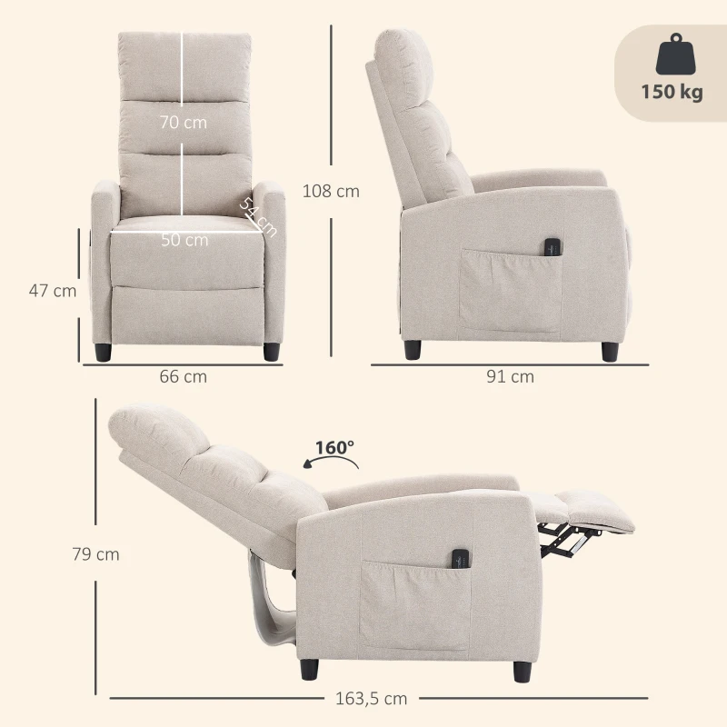 HOMCOM Sillón de Masaje Reclinable con Reposapiés 2 Zonas de Masaje Respaldo Alto Bolsillos Tapizado en Chenilla Crema