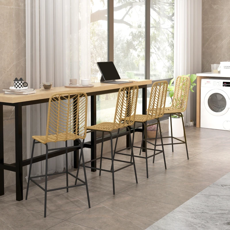 HOMCOM Lot de 4 tabourets de bar, chaises de bar, dossier en cannage et repose-pieds, cadre en acier, 42,5x52x102cm, jaune