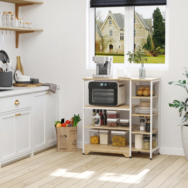 HOMCOM Küchenregal Standregal Lagerregal Eckregal mit 7 Einlegeböden rutschfesten Fußkappen Metallregal robust und stabil Metall MDF Stahl Weiß+Natur 90 x 40 x 95 cm
