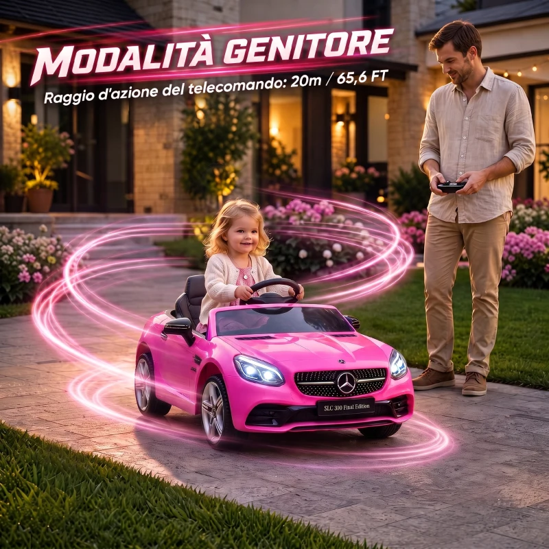 AIYAPLAY Coche Eléctrico para Niños de +3 Años, Mercedes SLC 300, Coche Eléctrico 12V, con Mando a Distancia 2,4 G, Ruedas Traseras con Suspensión, Faros LED, Música, USB, Motor Doble, Rosa
