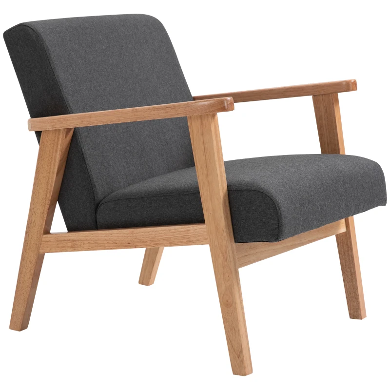 HOMCOM Fauteuil de Salon Fauteuil de Relaxation Fauteuil Simple pour Chambre Cadre en Bois hévéa Revêtement en Lin Gris foncé