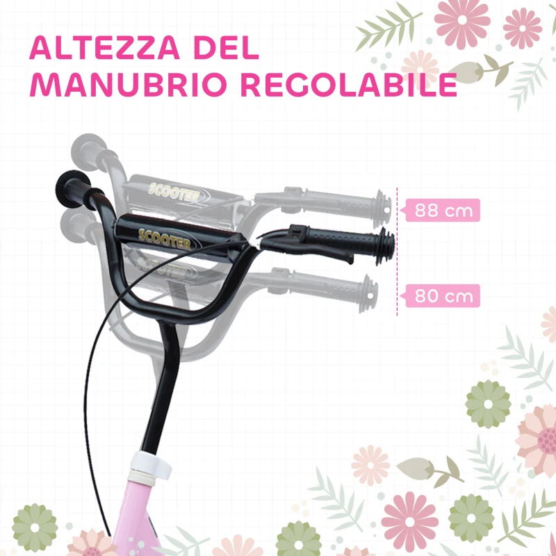 HOMCOM Monopattino per Bambini 5-12 Anni con Freno Posteriore e Manubrio Regolabile, 120x52x80-88 cm, Rosa