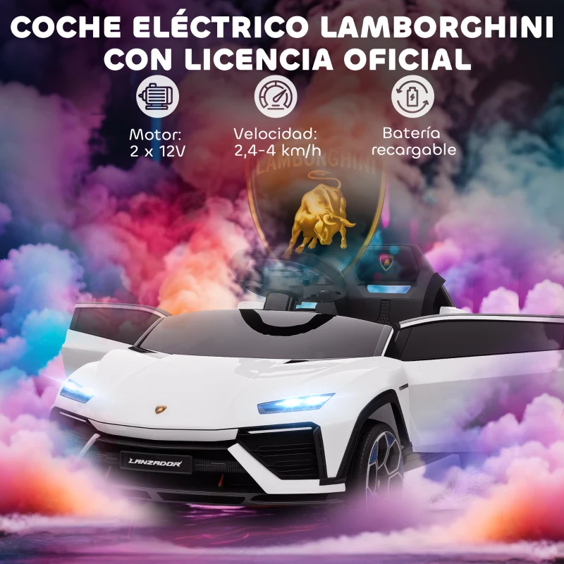 AIYAPLAY Coche Eléctrico para Niños de +3 Años con licencia Lamborghini Batería 12V Mando a Distancia 2,4 G Motor Doble Blanco