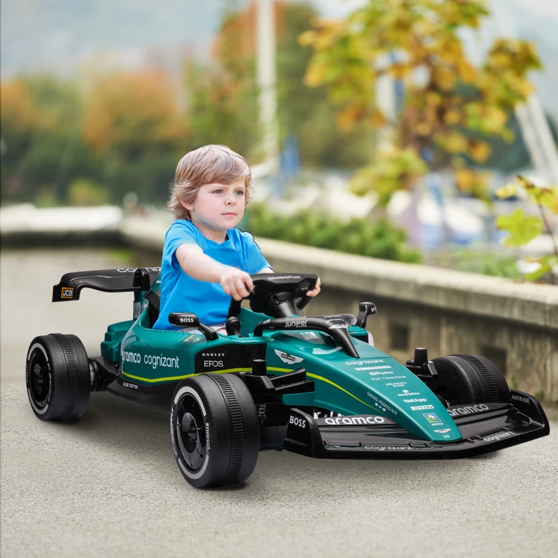 AIYAPLAY Aston Martin Licensed 12V Kids Ride on Racing Kart w/ Bluetooth, 4 Suspension Wheels, Music Lights Horn, Green