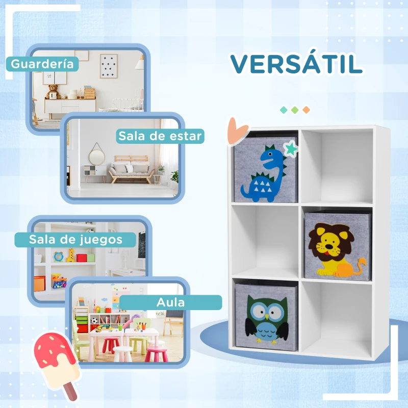 ZONEKIZ Librería para Niños de +3 Años con 6 Compartimientos y 3 Cajones de Tela no Tejida 61,8x29,9x91,5 cm Blanco y Gris