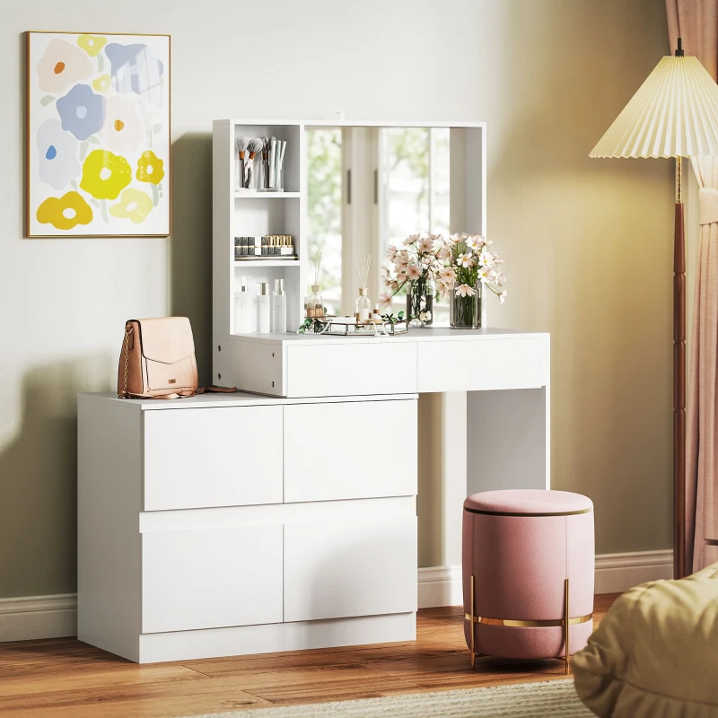HOMCOM Schminktisch, Make-up-Tisch mit großem Spiegel, 4 Schubladen, 3 offene Fächer, 2 Schränke, MDF, Weiß(m-10)