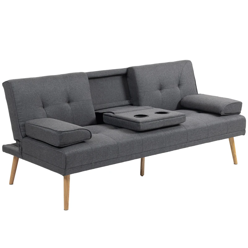 HOMCOM Canapé convertible 3 places, canapé-lit rembourré avec dossier réglable 3 niveaux, 2 coussins et 2 porte-gobelets intégrés, tissu de lin, pour salon, chambre d'amis, petit espace, gris foncé
