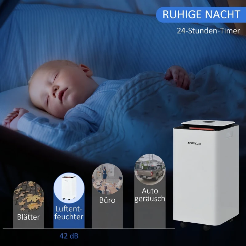 HOMCOM Dezumidificator Portabil de 10L cu 5 Moduri, 2 Viteze, Timer 24h și Roți, 25x25x50.5cm, Alb