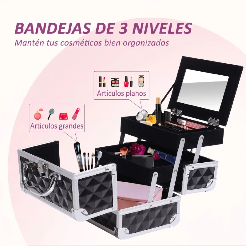 HOMCOM Maletín de Maquillaje Con Espejo Cerradura Varios Compartimientos 20x15x15cm Aluminio Negro