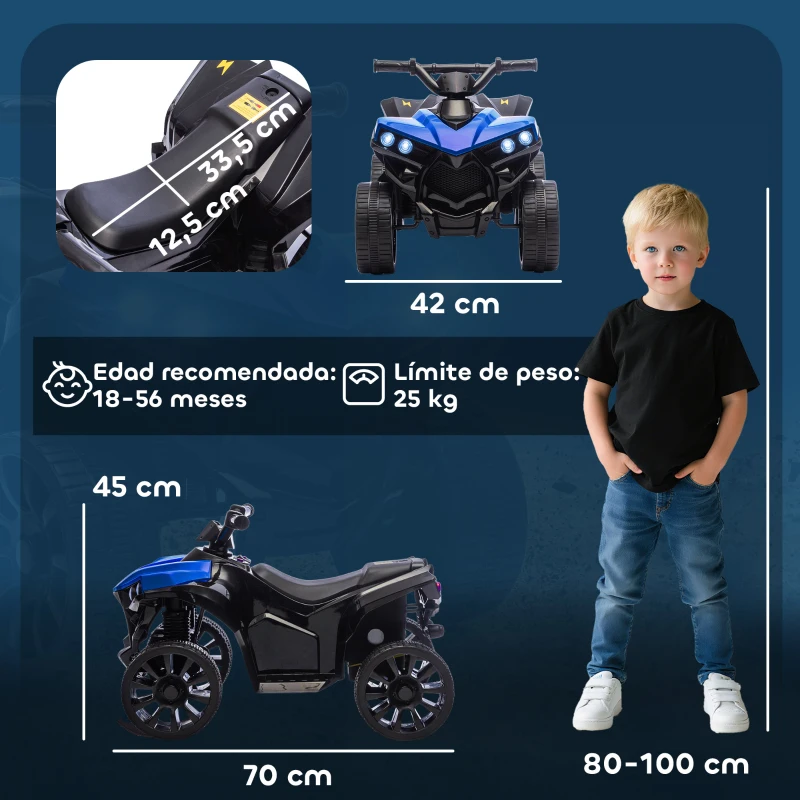 AIYAPLAY Quad Eléctrico para Niños 6 V Quad para Niños de 18 a 56 Meses Velocidad hasta 3 km/h Faros y Música 70x42x45 cm Azul