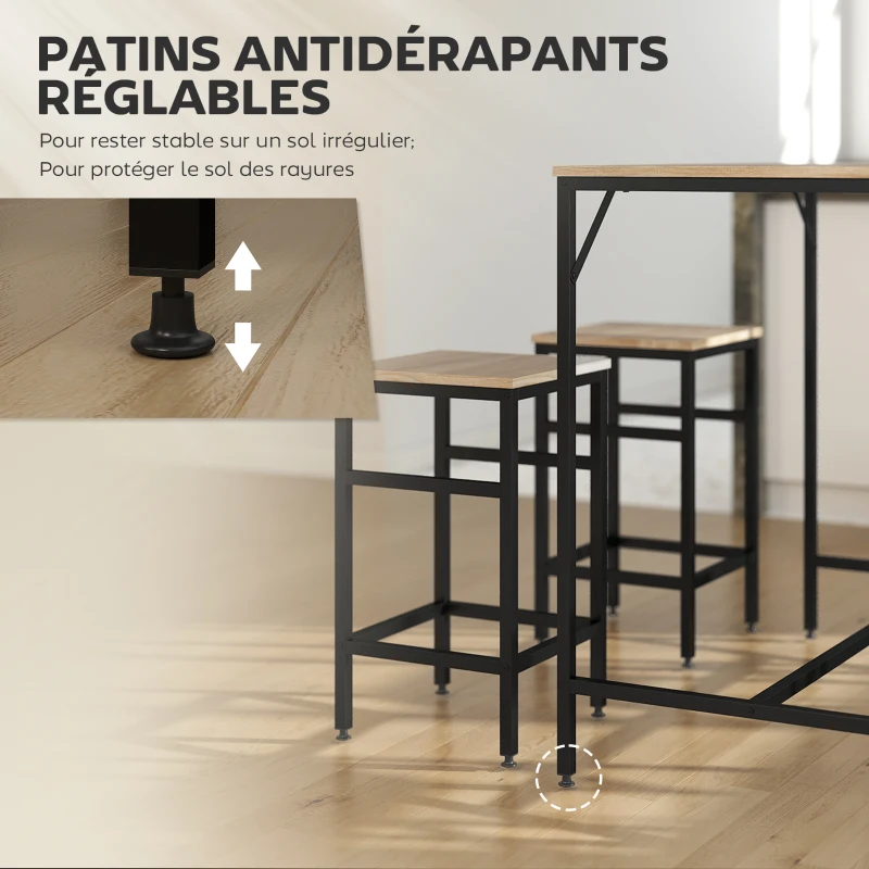 HOMCOM Ensemble Table de Bar Industriel + 4 tabourets Repose-Pieds en Bois couleur Chêne Clair Cadre en métal Noir