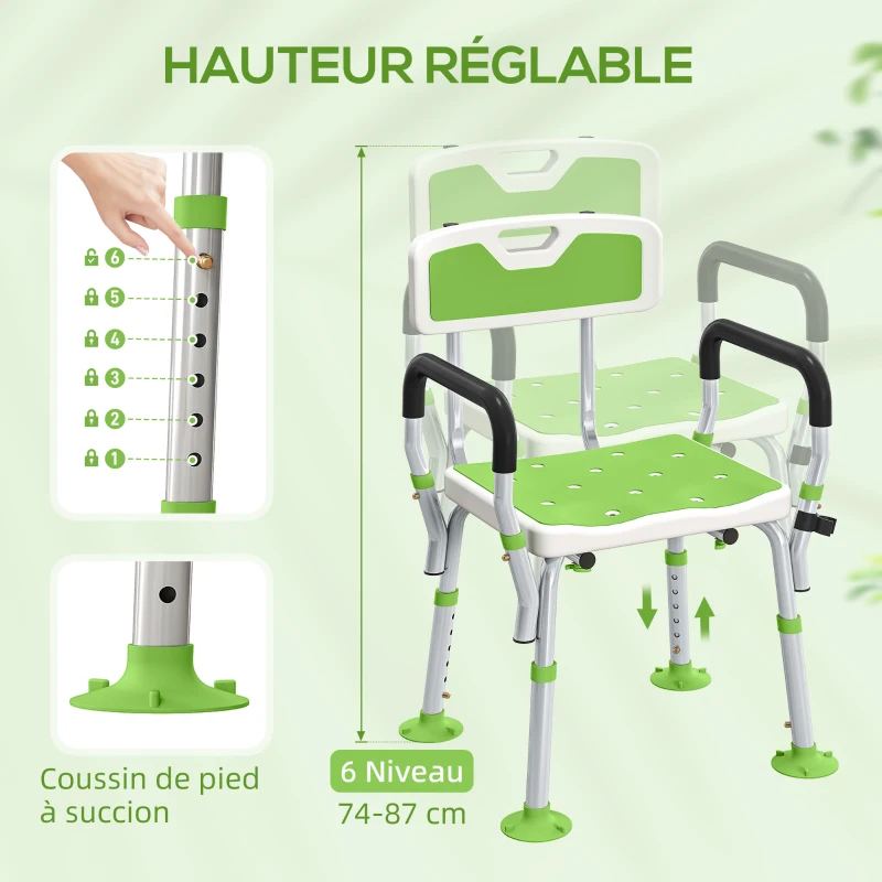 HOMCOM Tabouret de douche chaise de douche ergonomique hauteur réglable pieds antidérapants 56,5 x 53,5 x 87 cm blanc et vert