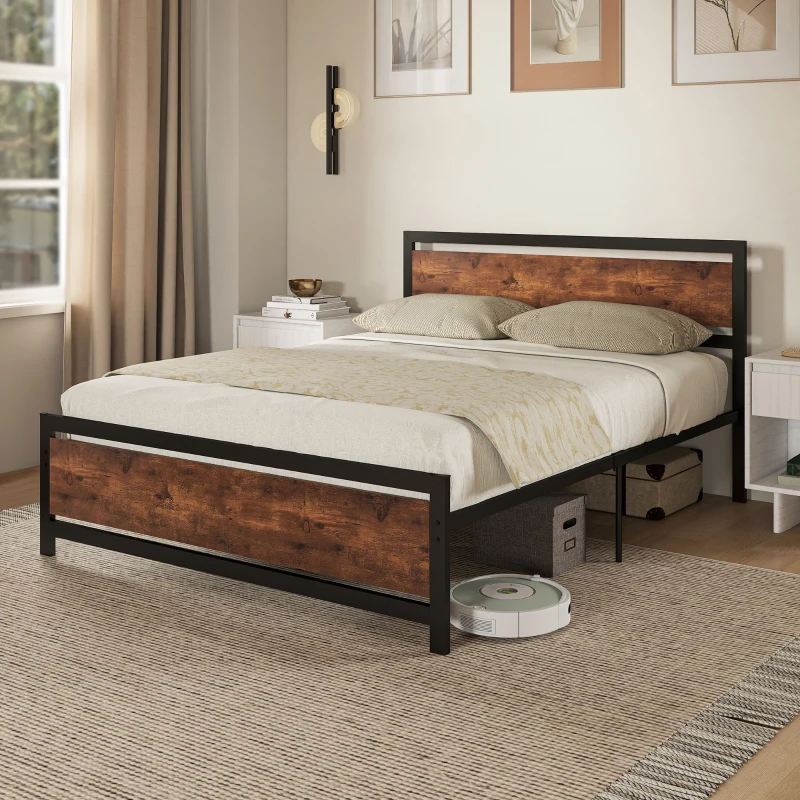 HOMCOM Cadre de lit double 200 x 160 cm en acier avec sommier et tête de lit compatible matelas aspect bois foncé