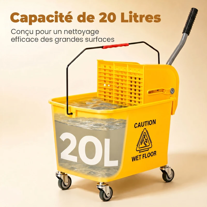 HOMCOM Chariot de nettoyage lavage seau de ménage 20 L avec essoreur et séparateur eau sale propre jaune 60L x 27l x 70,5H cm