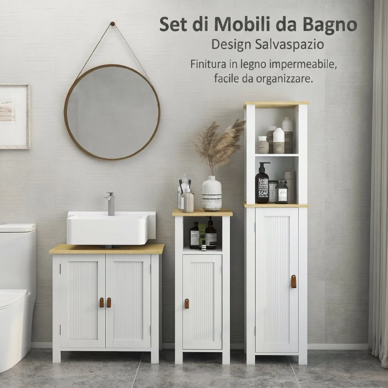 kleankin Mobile Sotto Lavabo per Bagno, 2 Ante, Ripiano Regolabile, 2 Livelli di Archiviazione, Maniglie in PU, 60 x 30 x 60 cm, Bianco
