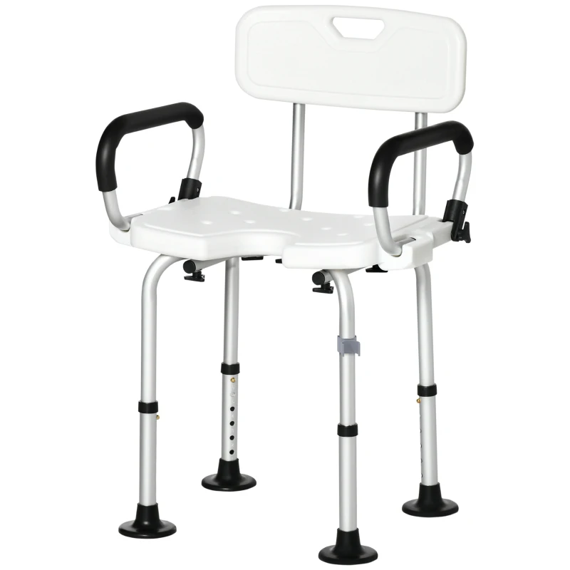 HOMCOM Shower Chair for the Elderly and Disabled, Height Adjustable Shower Stool with Back and Flipped Padded Arms, Suction Foot Pads, White