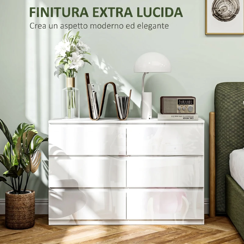 HOMCOM Cassettiera 6 Cassetti in Legno, Comò per Camera da Letto Moderno e Multiuso, 112x34x75 cm, Bianco