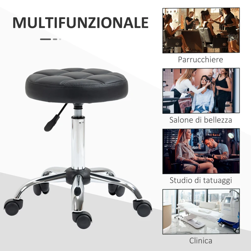 HOMCOM Sgabello Girevole Rotondo con Ruote, Altezza Regolabile e Rivestimento in Finta Pelle, Nero