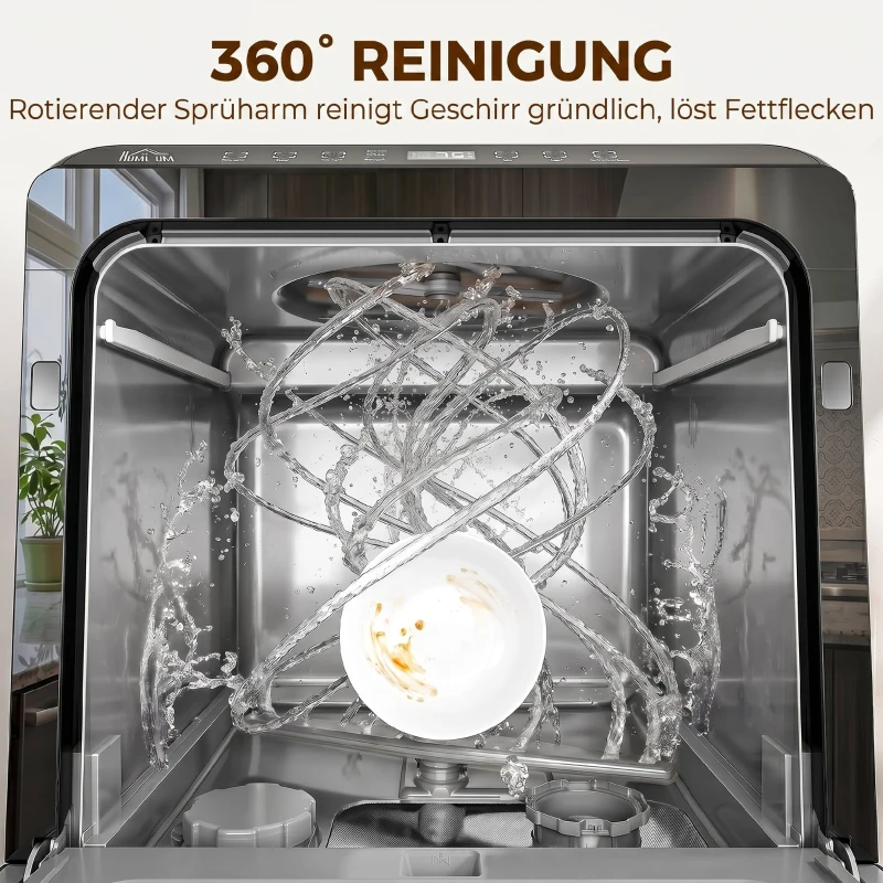 HOMCOM Tischgeschirrspüler, mit integriertem 6-Liter-Wassertank, 5 Programmen, 4 Gedecke, LED-Display Schwarz