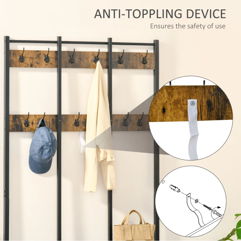 HOMCOM Coat Rack Stand, Free Standing Hall Tree, Coat Stand with Hooks, Bench and Shoe Rack, 100cm x 38.5cm x 185.5cm, Industrial Style, Rustic Brown and Black