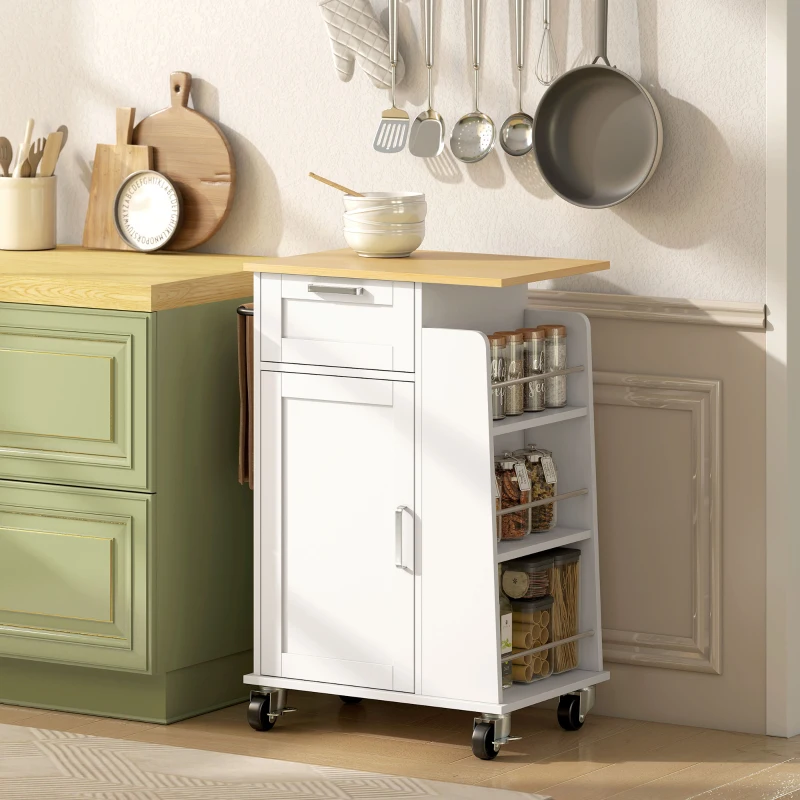 HOMCOM Carrello da Cucina con Cassetto, Armadietto, Portasciugamani e 3 Portaspezie, in Legno, 62x40x87 cm, Bianco