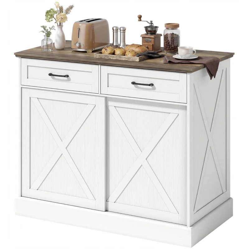HOMCOM Îlot central cuisine, buffet cuisine, meuble de rangement avec 2 tiroirs 2 portes coulissantes, étagère réglable, blanc