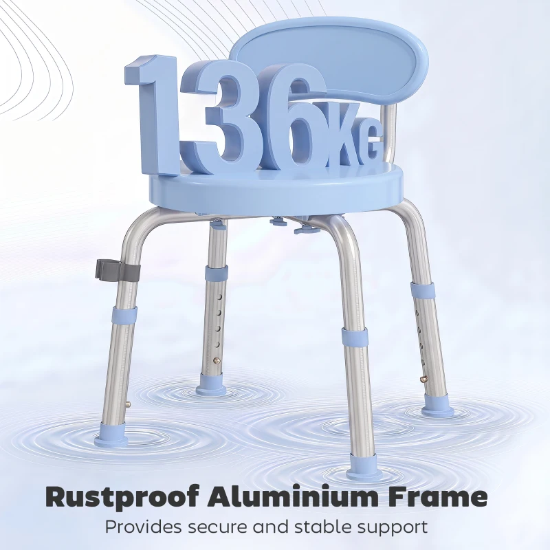 HOMCOM 360° Swivel Shower Stool with Aluminium Frame, 5-Level Adjustable Height, Backrest, Non-Slip Shower Chair for Elderly