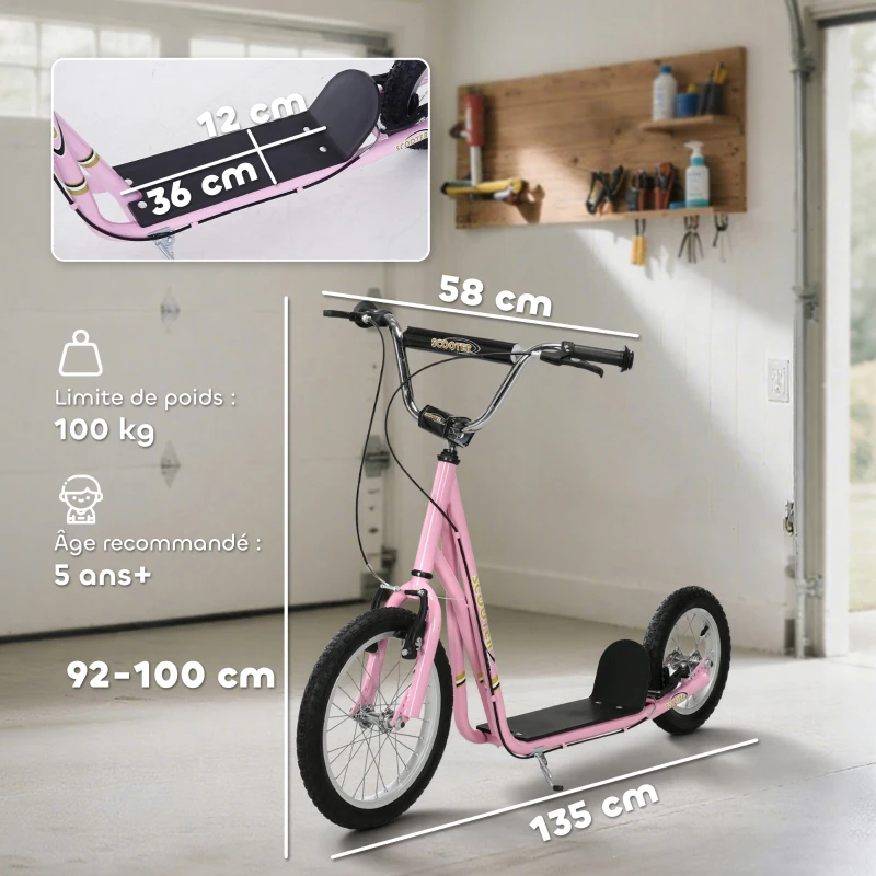HOMCOM Trottinette patinette Enfant à partir de 5 Ans Grands pneus Guidon réglable poignées Freins et béquille Acier Rose